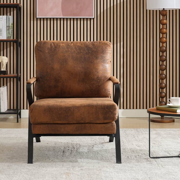 Mid-Century Accent Chair Leather Comfy Lounge Armchair with Metal Frame Living Room Sofa Chair Side Chair, Brown