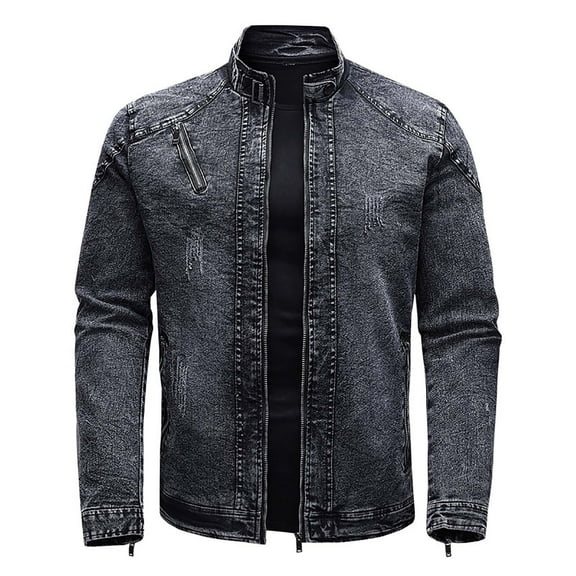 gbyLJF Men's Fleece Denim Jackets Vintage Washed Long Sleeve Top Coat Fall/Winter Stand Up Collar Jacket with Pockets