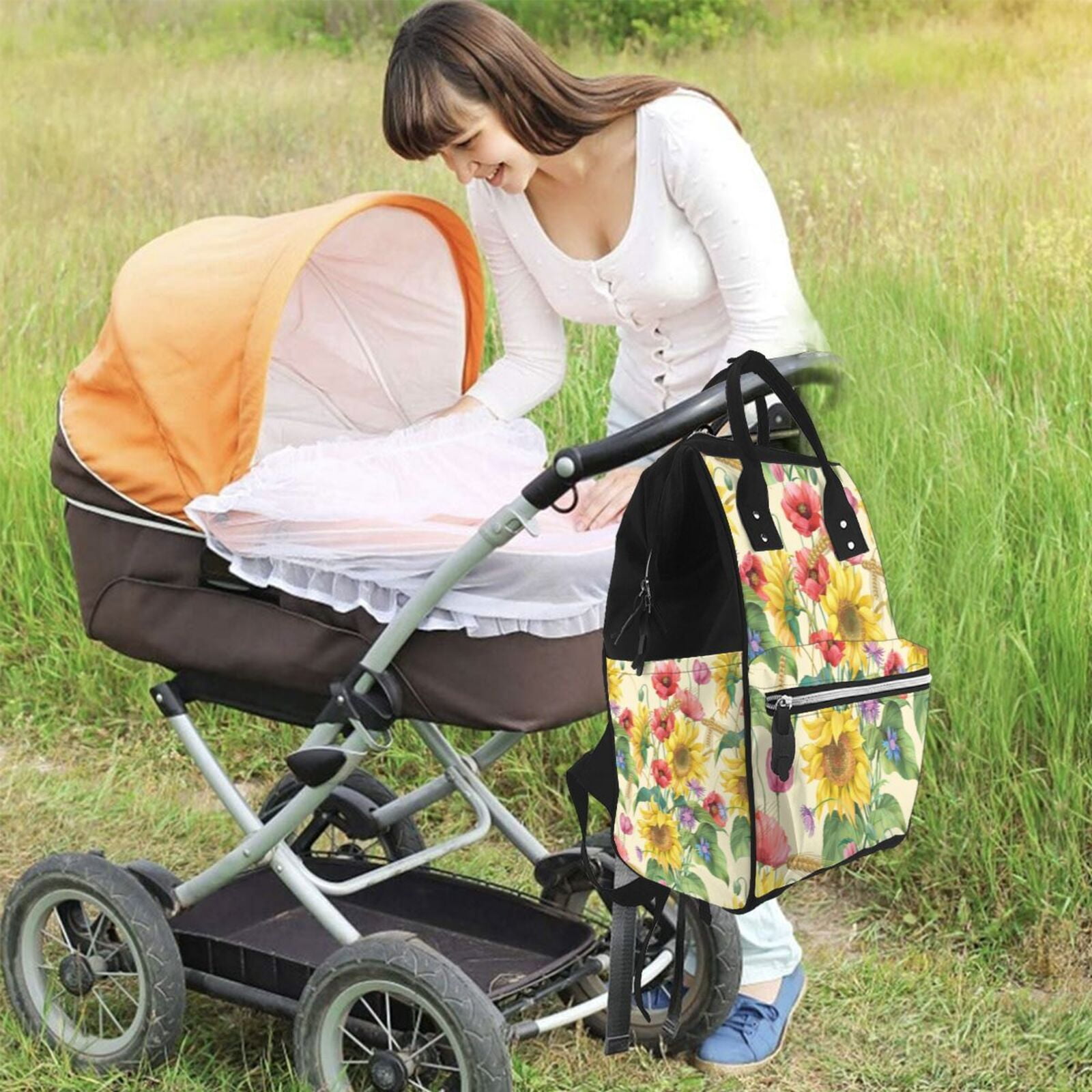 Fuzoiu Sunflower Cornflower Poppy Print Diaper Bag Backpack,Baby Essentials Travel Tote,Multi function Waterproof Diaper Bag, Travel Essentials Baby Bag - Unisex