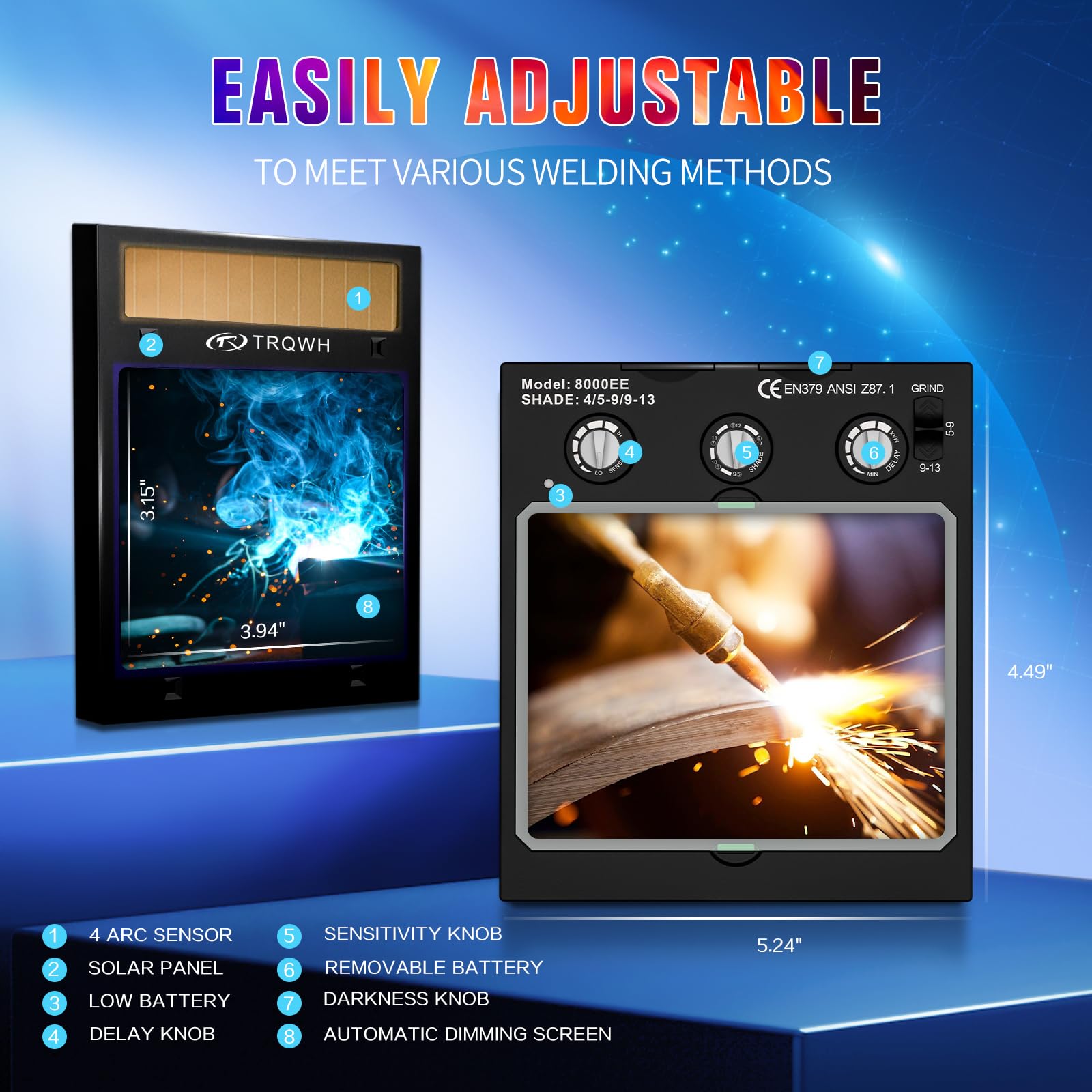 Welding Lens Auto Darkening Welding Helmet Lens True Color Technology with 4 Arc Sensor Ajustable Shade Range 4/5-13 Automatic LCD Lens Dimming Shade Filter 4.49x5.24in Auto Welding Lens