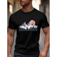 thumbnail image 1 of Camiseta de manga corta para hombre, estilo casual, estilo retro, con cuello redondo y diseño de bosque y amanecer., 1 of 8