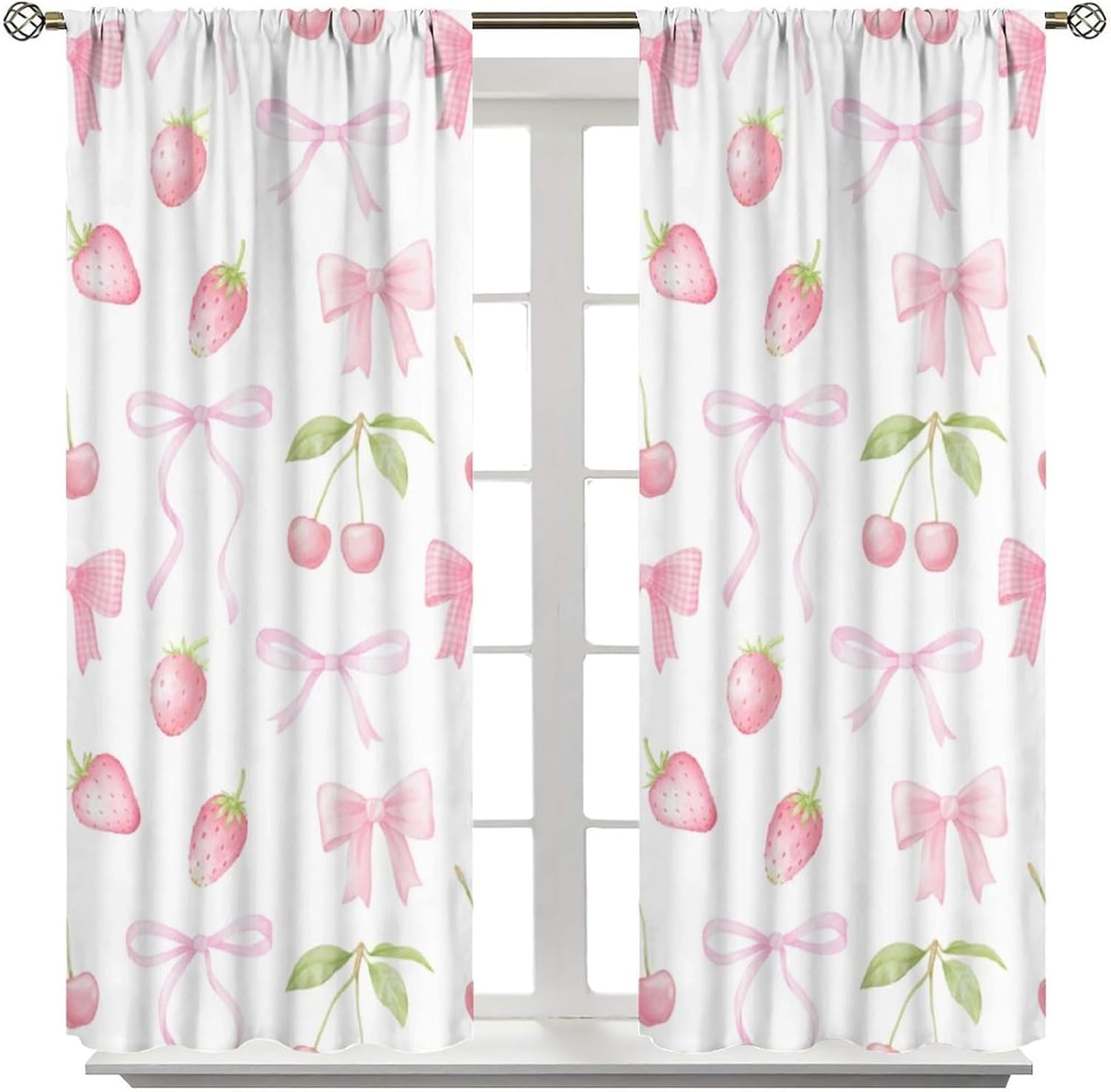 Cute Pink Bow Curtains, Watercolor Aesthetic Pink Strawberries Cherries Pastel Ribbon Bow Rod Pocket Window Drapes Treatments for Girls Children''s Bedroom, 63" W X 63" L