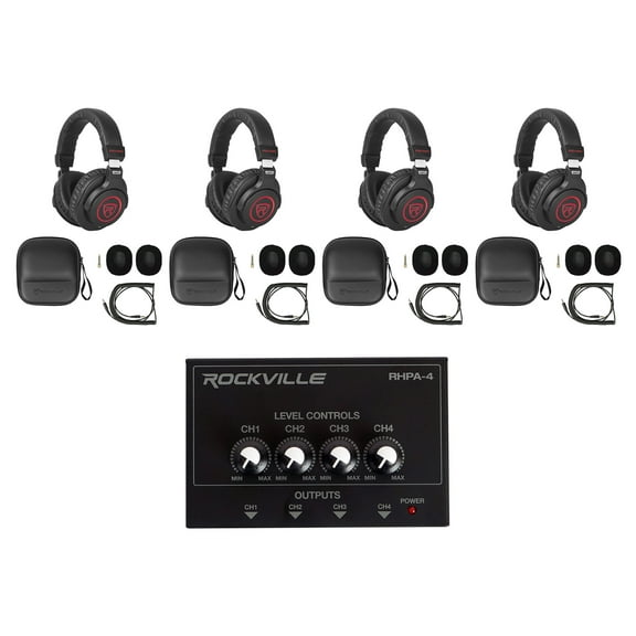 Studio Bundle w/4) Rockville PRO-M50 SR Headphones 4 Channel Headphone Amplifier