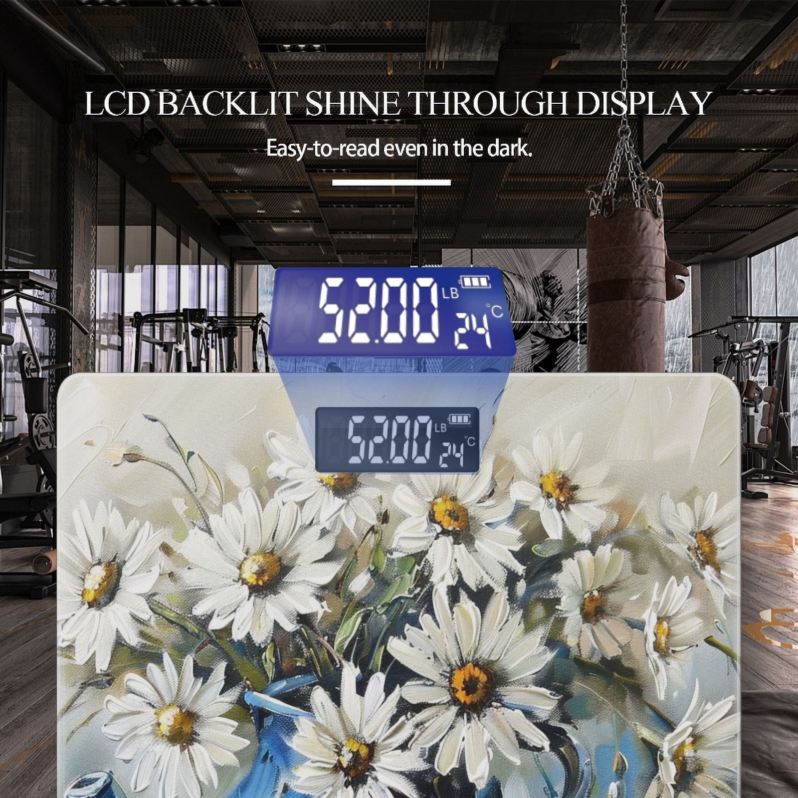 High Precision Body Weight Scale Smart Bathroom Scales with Large LCD Display(400lbs),Decorative for Bedroom-Beautiful Oil Painting Of Daisies In Blue Teapot