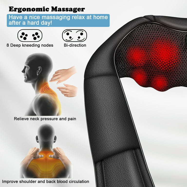 Shiatsu Neck and Shoulder Massager, 8 Deep Kneading Neck Massager with Heat for Back Shoulder Neck Waist Pain Relieve, Portable Black