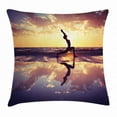 thumbnail image 1 of Yoga Throw Pillow Cushion Cover, Woman Practicing Yoga on Beach Sunset Dramatic Sky Water Reflection Image, Decorative Square Accent Pillow Case, 24 X 24 Inches, Yellow Blue Dark Brown, by Ambesonne, 1 of 2