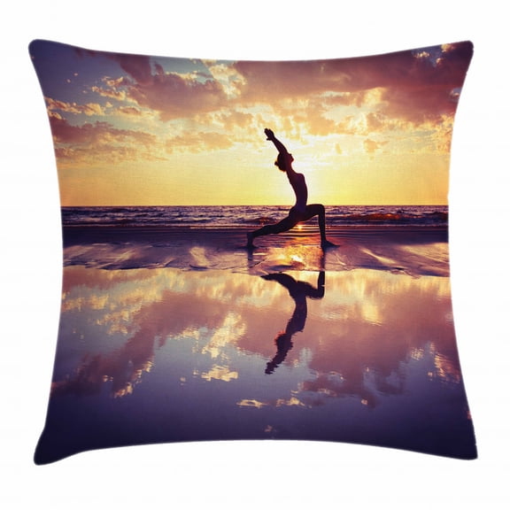 Yoga Throw Pillow Cushion Cover, Woman Practicing Yoga on Beach Sunset Dramatic Sky Water Reflection Image, Decorative Square Accent Pillow Case, 24 X 24 Inches, Yellow Blue Dark Brown, by Ambesonne