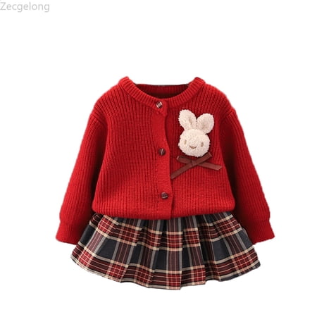 Zecgelong Toddler Girls Long Sleeve Ribbed Turtleneck T Shirt Tops Plaid Prints Bow Tie Skirt Outfits Girls 2 Piece Sets Age 18-24 Months