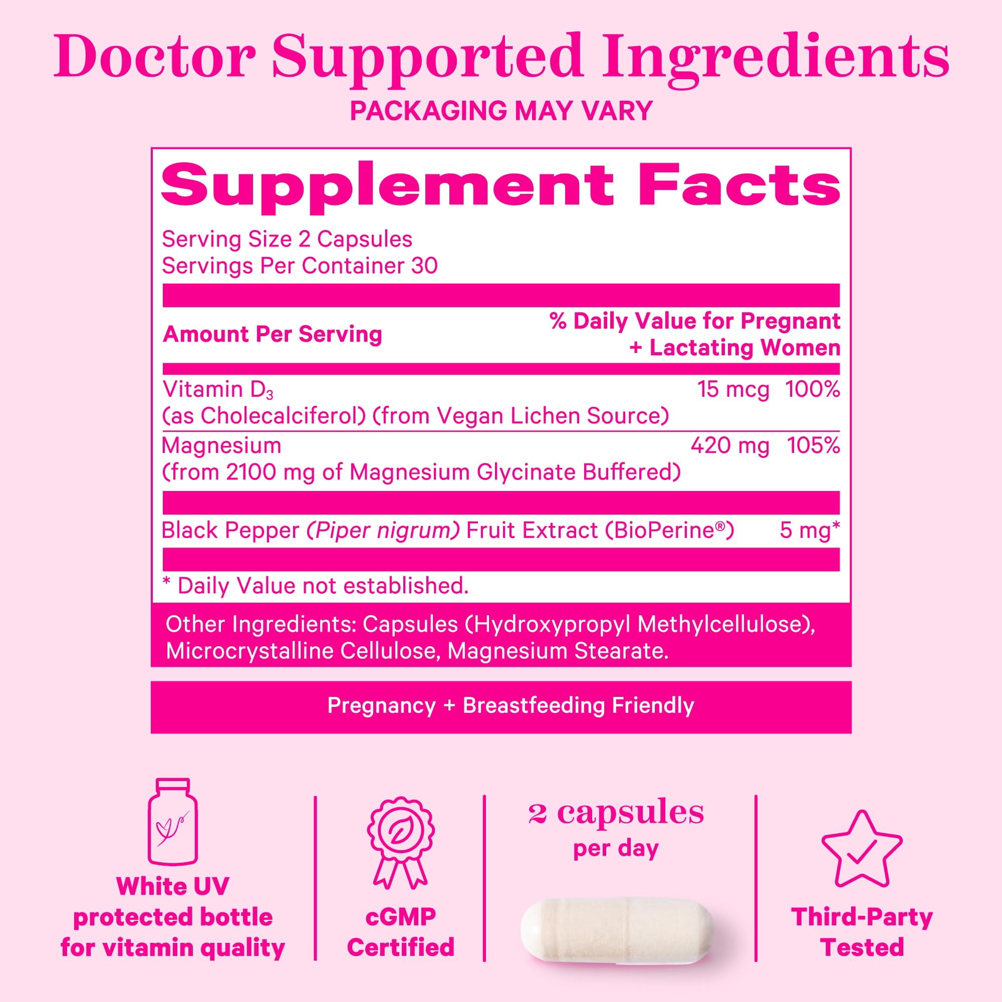Pink Stork Magnesium Glycinate Supplement, Sleep and Stress Support, Vitamin D3, 60 Capsules