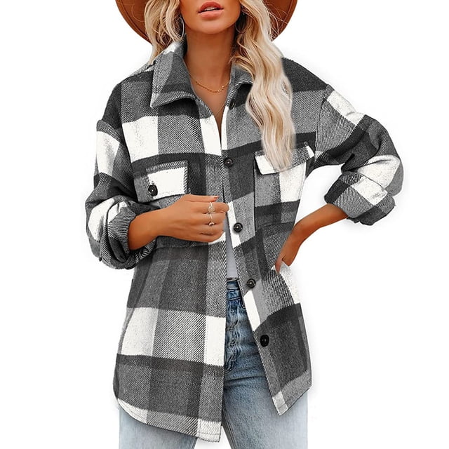 EGNMCR Womens Plaid Shacket Jacket Button Long Sleeve Shirt Coat Fall Winter Loose Flannel Jacket