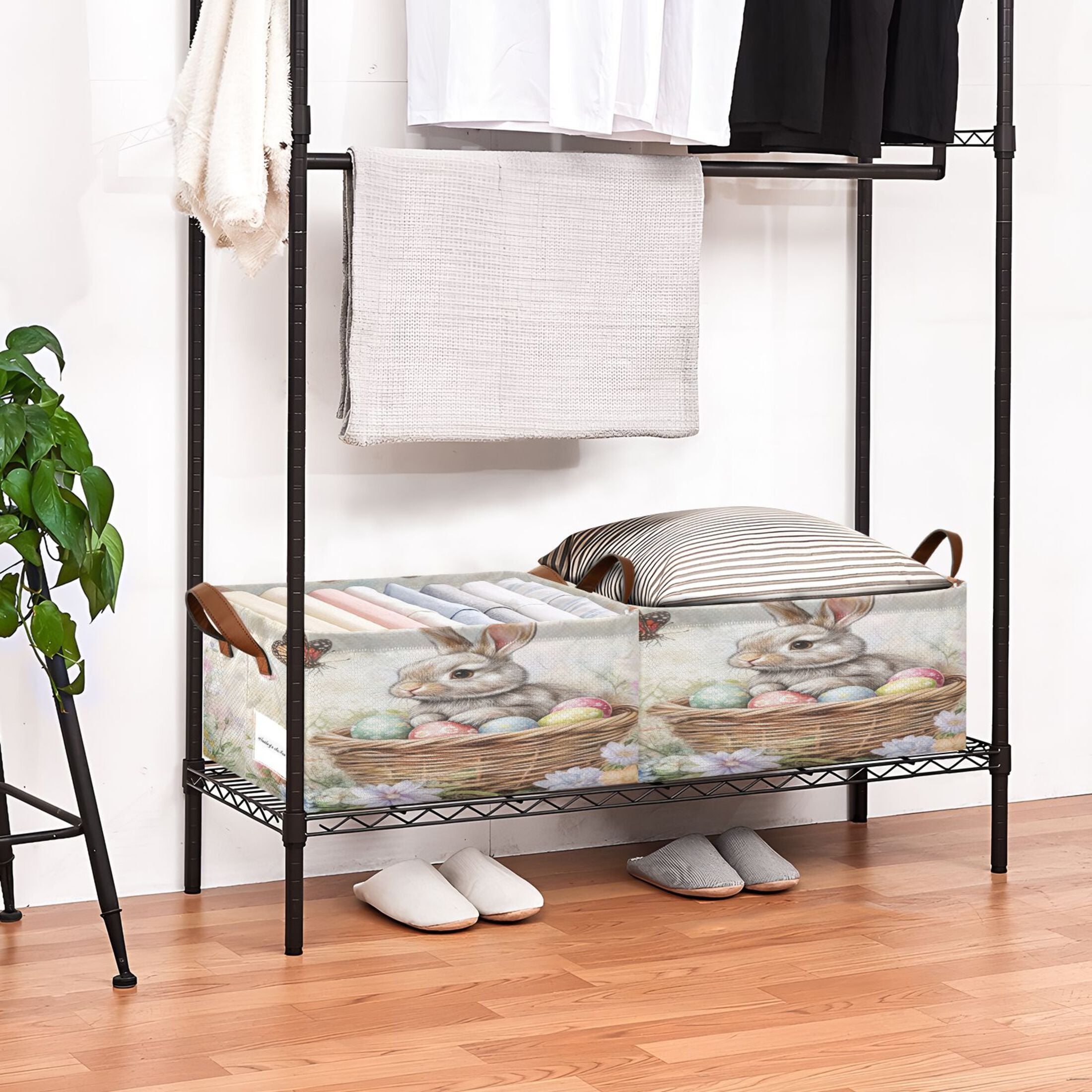 Wobogo Gray Easter Rabbit Storage Basket Soccer Plaid Fabric Oversized Collapsible Hoard Box with Metal Iron Frame 16.9×11.4×7.7in