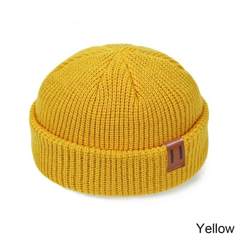GRNSHTS Mens Mini Short Fisherman Beanie Hat Winter Ribbed Docker Warm Knitted Skull (Yellow) -