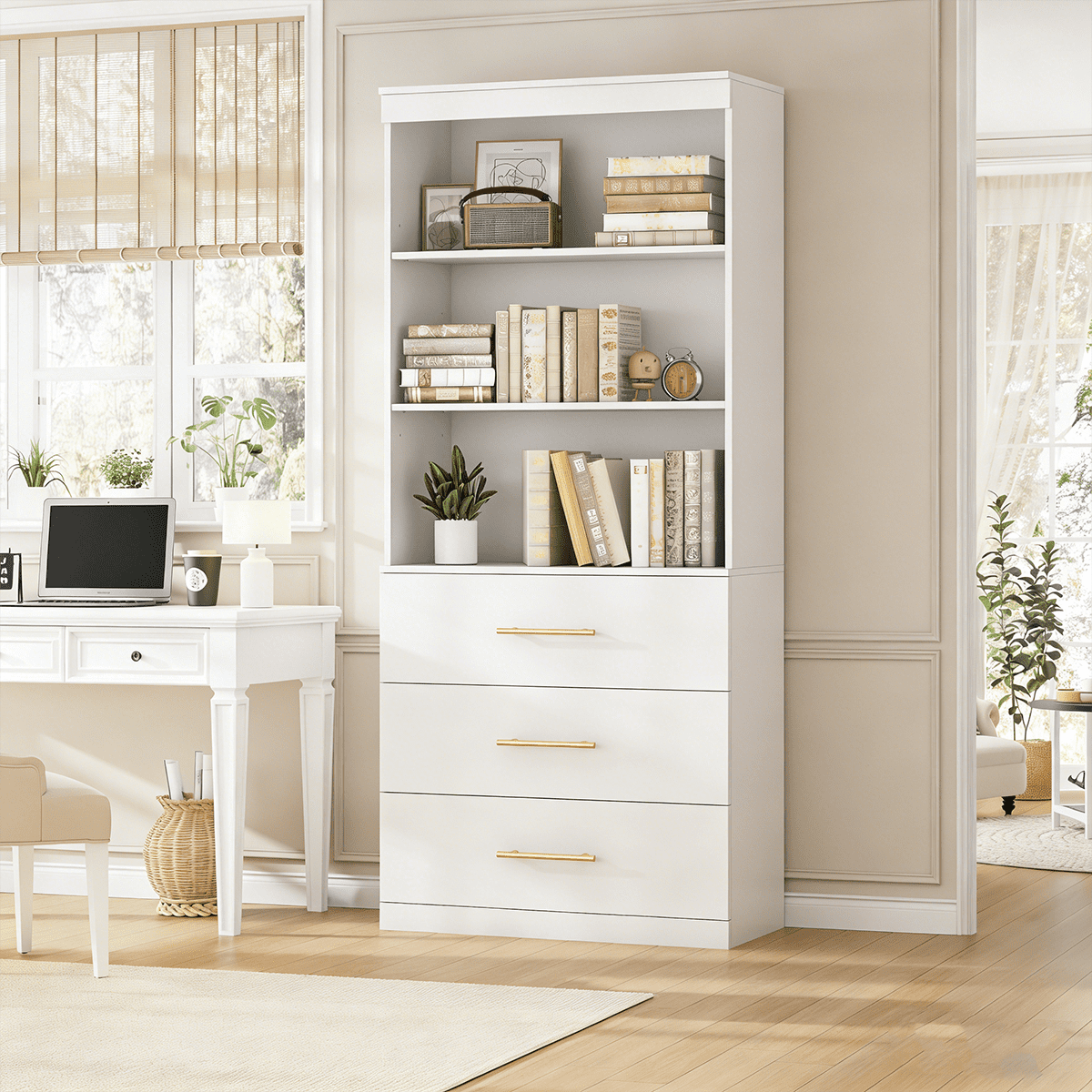 Frmobepts 71" Tall Bookcases with 3 Large Drawers & 3 Shelves, Wooden Bookshelf for Living Room Office, White