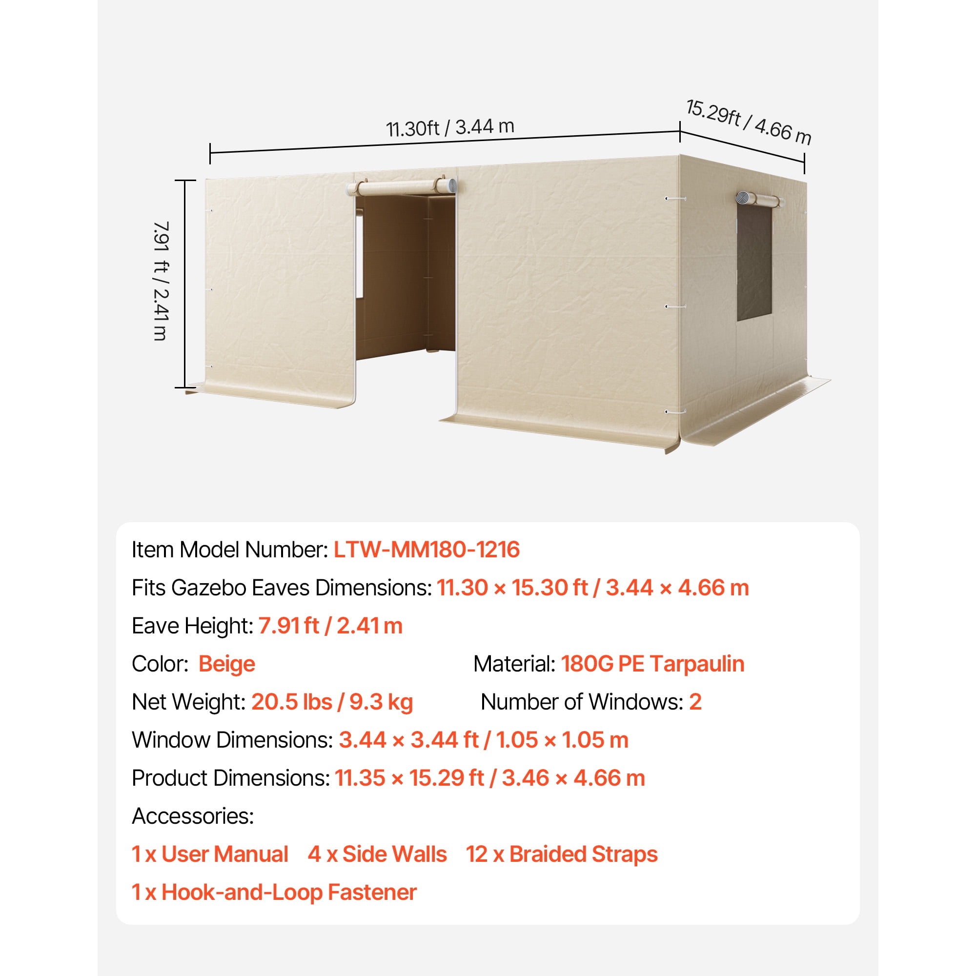 KFFKFF Gazebo Sidewall Compatible with 12 x 16 ft Structures, 4-Panel Winter Cover for Hardtop Gazebos, Durable PE Material, All-Weather Outdoor Protection with Mesh Windows,Gazebo Frame Not Included