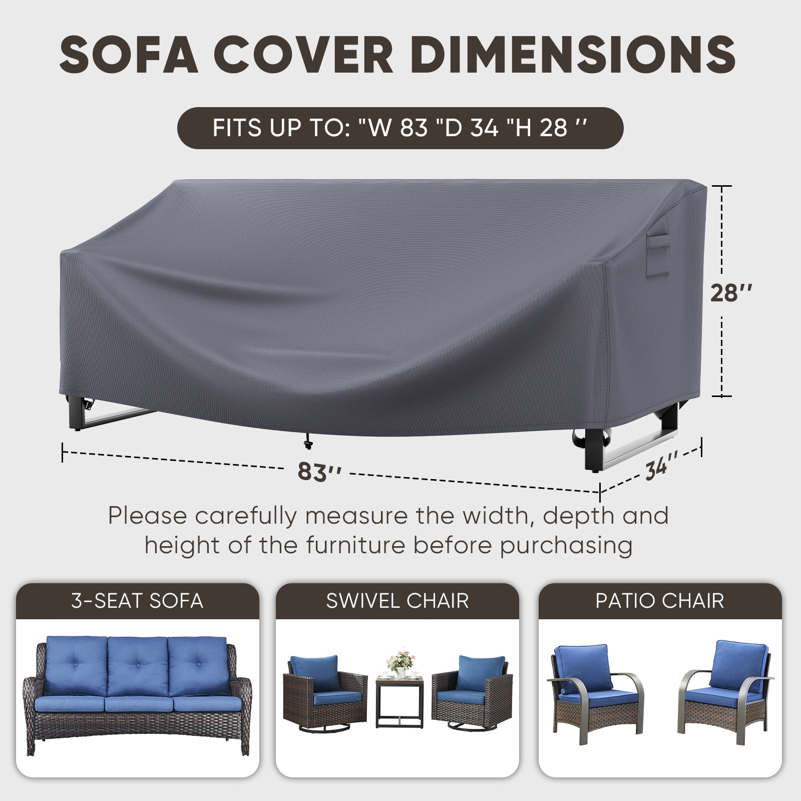 Gymojoy Patio 3-Seater Sofa Cover,600D PVC Coated Fabric Universal Simple Outdoor Patio Chair Cover,Waterproof and Sun-proof,Gray
