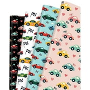 Liobelon Race Car PresNok Paper 12 Sheet Birthday Paper, Checkered Flags, Colorful Racing Car for Kids Boys Birthday Party Baby Shower Racing Themed Party DIY Craft, 20 x 28 inch