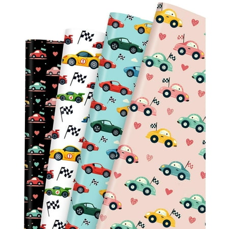 Liobelon Race Car PresNok Paper 12 Sheet Birthday Paper, Checkered Flags, Colorful Racing Car for Kids Boys Birthday Party Baby Shower Racing Themed Party DIY Craft, 20 x 28 inch