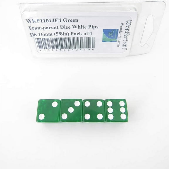 Green Transparent Dice with White Pips Rounded Corners D6 16mm (5/8in) Pack of 4 Wondertrail