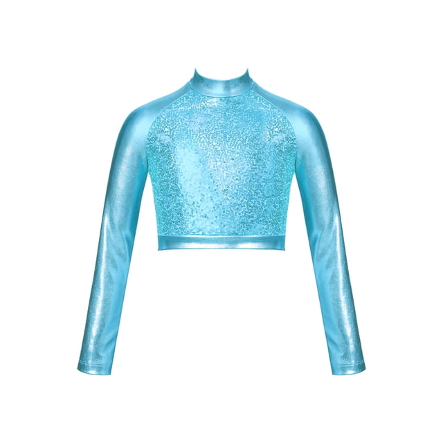 Xnihocha Crop Top de Danse Col Roulé Métallique pour Filles Manches Longues à Sequins Brillants pour Danse Raves Festivals Sports Turquoise 6