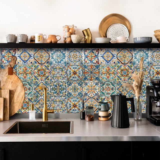 Lucoss 24 PCS Moroccan Style Tile Sticker, 6x6 Inch(15x15cm) Traditional DIY Murals, Tile Waterproof Oil Proof Removable Decals for Bathroom & Kitchen Backsplash