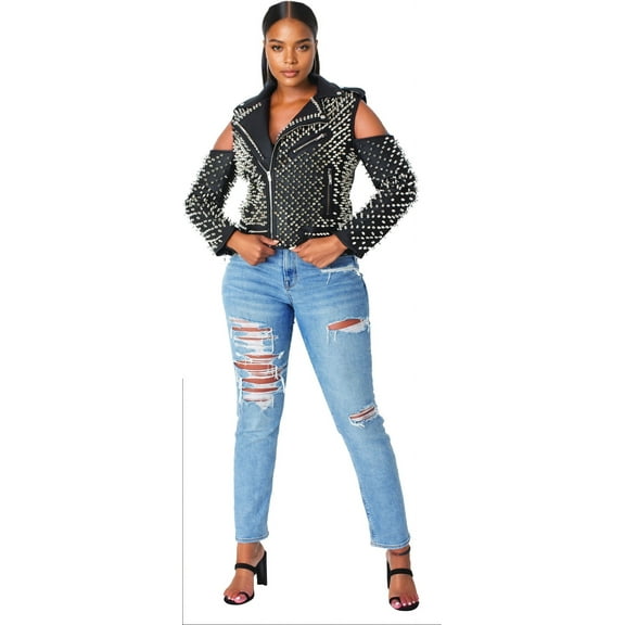 Studded Pleather Moto Jacket with Open Shoulders- 81936