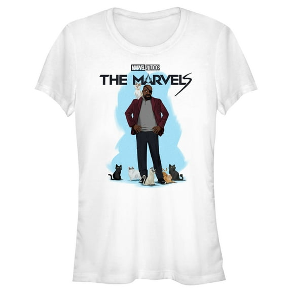 Junior's The Marvels Nick Fury and Cats  Graphic Tee White Large