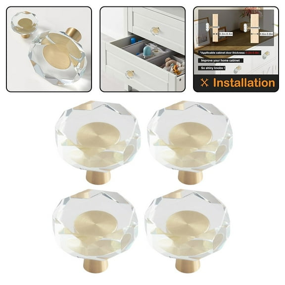 Brushed Gold Cabinet Knobs with Crystal for Drawers and Wardrobes,Solid Brass Base Single Hole Handles,Set of 4 Vintage Octagon Design Hardware