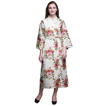

Bimba White Floral Leaves & Peony Printed Crossover Robes Bridesmaid Getting Ready Shirt Dresses Bathrobes For Women S