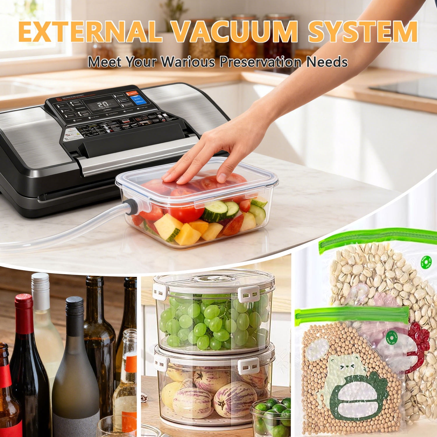 Food Vacuum Sealer Machine with Rolls Food Vacuum Sealer Bags, Automatic Food Saver with Dry & Moist Food Modes, Built-in Cutter, External Vac for Jars and Containers