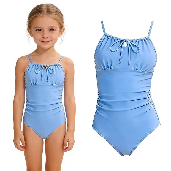 Swimsuit for Girls Halter 1-Piece Bathing Suits Quick Dry Beach Swimwear Ruched Swimsuits for Girls 9-10 Years