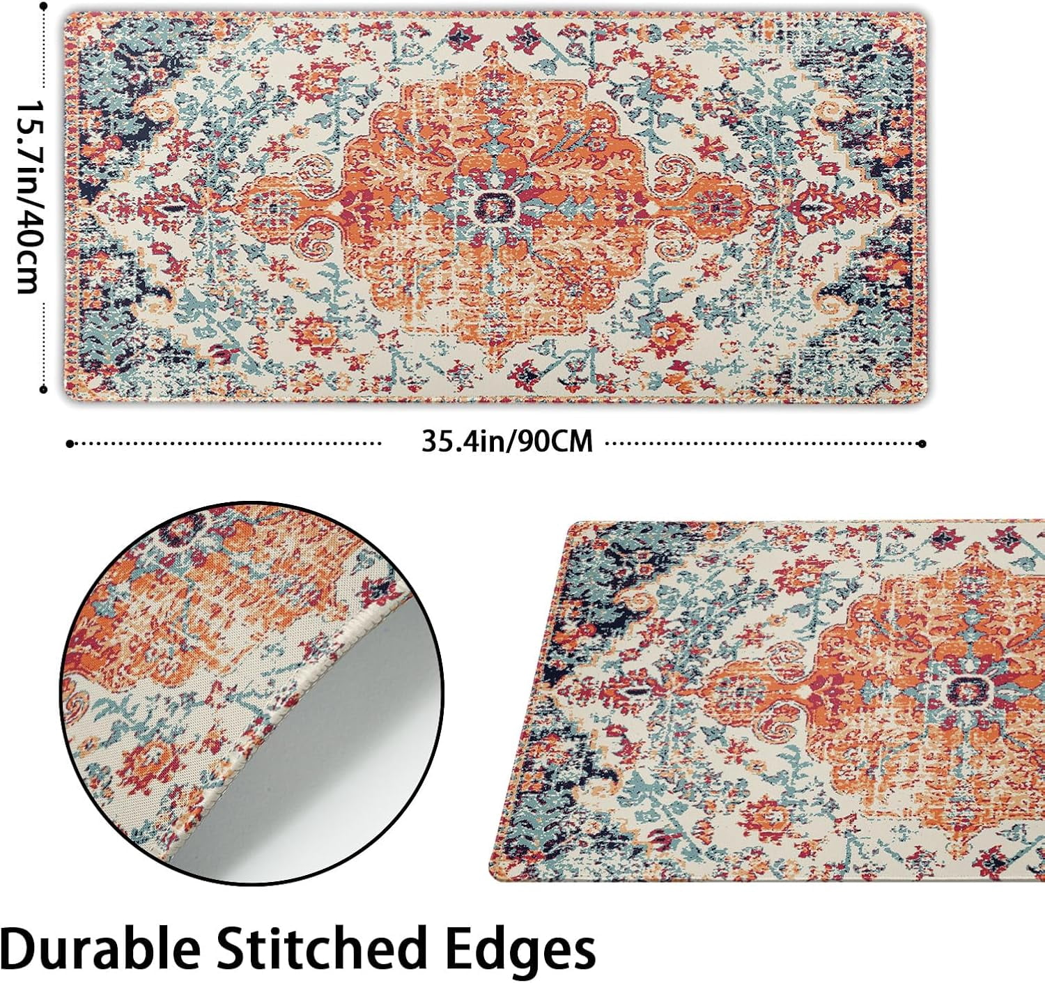 Orange Teal Boho Gaming Mouse Pad - XXL Vintage Rug Bohemian Extended Large Desk Mat, Non-Slip Rubber Base, Stitched Edge, Ideal for Desktop Office PC Gamer, 35.4x15.7 Inch