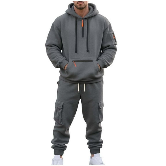 2PC Sweatsuit for Men Long Sleeve Drawstring Quater Zip Hoodie Elastic Waist Cuffed Cargo Joggers Sweatpants Loungewear Set with Pockets Dark Gray L