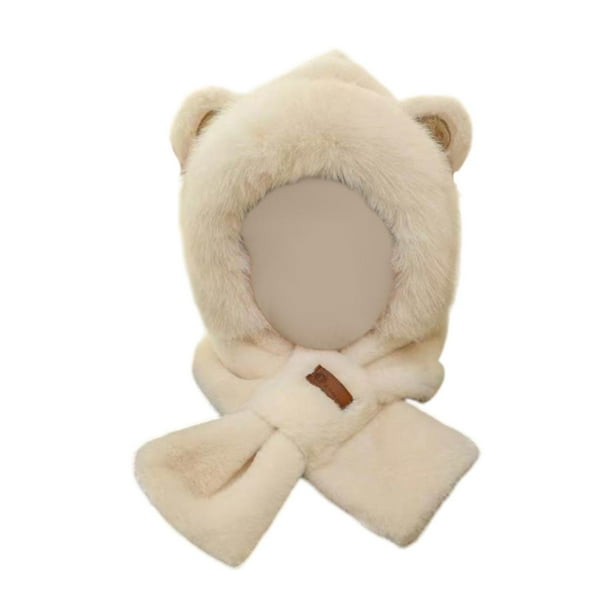 Conjunto de gorro y bufanda de invierno para mujer, estilo informal, resistente al viento, con adorables animales de peluche. Beige
