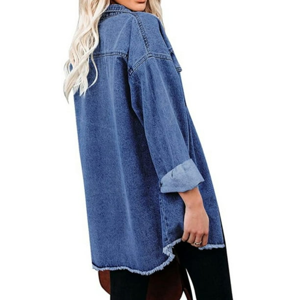 LUXUR Women Shirt Jackets Long Sleeve Denim Jacket Lapel Shirts