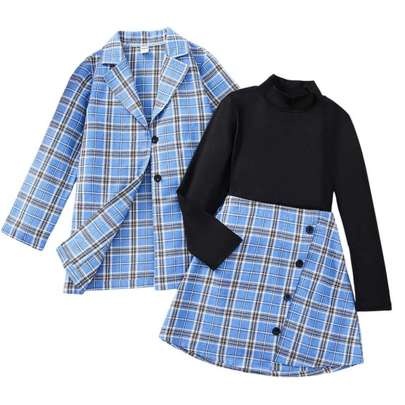 NAFUU Girls Clothes Skirt Sets Tweens Girls Long Sleeve Shirts Tops Plaid Jacket Skirts 3 Piece Outfits Fall Winter Holiday Party Dress Up Fashion Vintage 9-10 Years