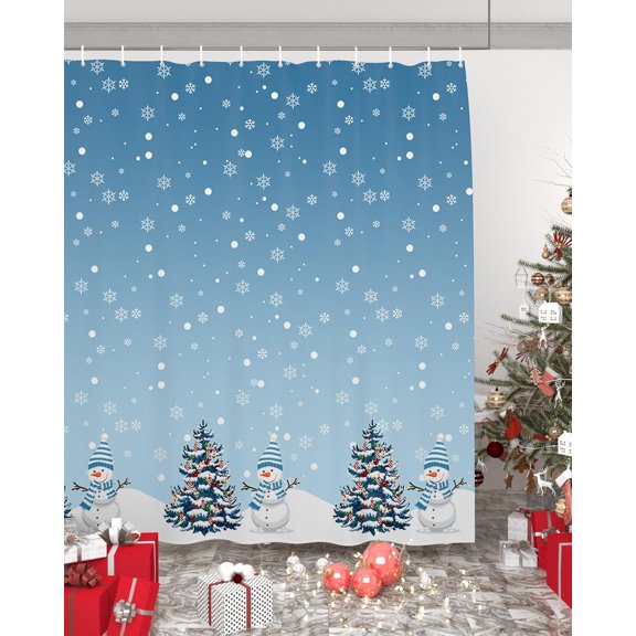 Polyester Fabric Navy Blue Snowman Christmas Shower Curtain, Winter Snowflake Xmas Tree, Waterproof Bathtub Curtain Bathroom Decor Set with Hooks 66 x 72 Inches,