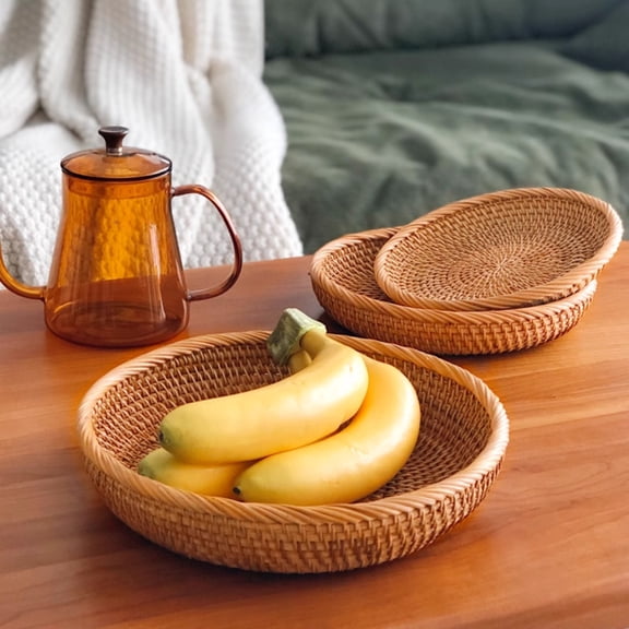 3Pcs 10x2 Inch Round Rattan Serving Trays and Woven Fruit Plates for Coffee Table Organization and Kitchen Food Storage for Large Family Dinner Parties