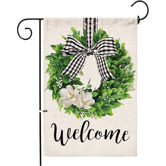 Boxwood Wreath Welcome Garden Flag,Burlap Garden Flag Double Sided Summer Fall Buffalo Plaid Bow Yard Ourdoor Farmhouse Decor,Small Garden Flag 12x18 Prime