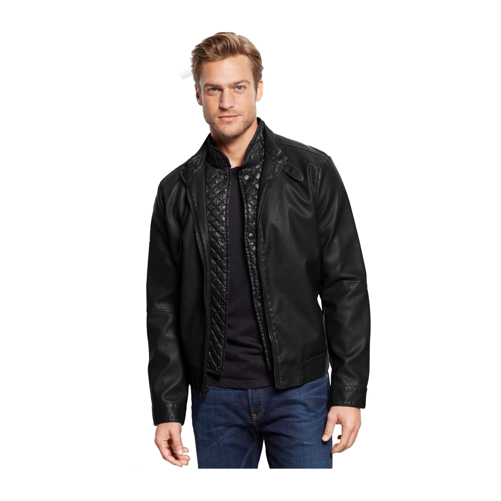 Kenneth Cole Mens Quilted Bib Moto Faux Leather Jacket Black Xl