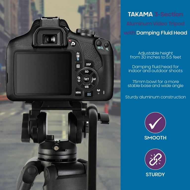 Takama 66 Inch Video Tripod With Fluid Head - 3 Section Aluminum Tripod For Cameras Up To 10 Lbs