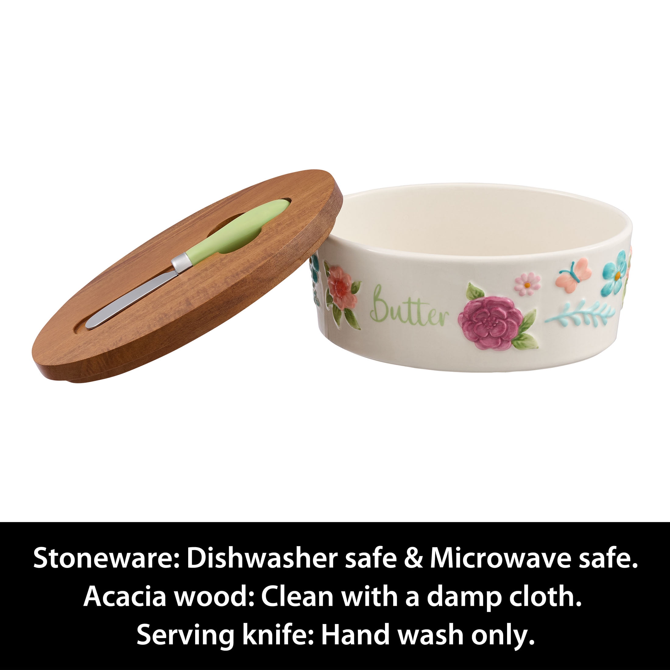 The Pioneer Woman Ceramic Painted Meadow Butter Dish with Acacia Wood Lid and Serving Knife, Best Used for Everyday Kitchen Organization