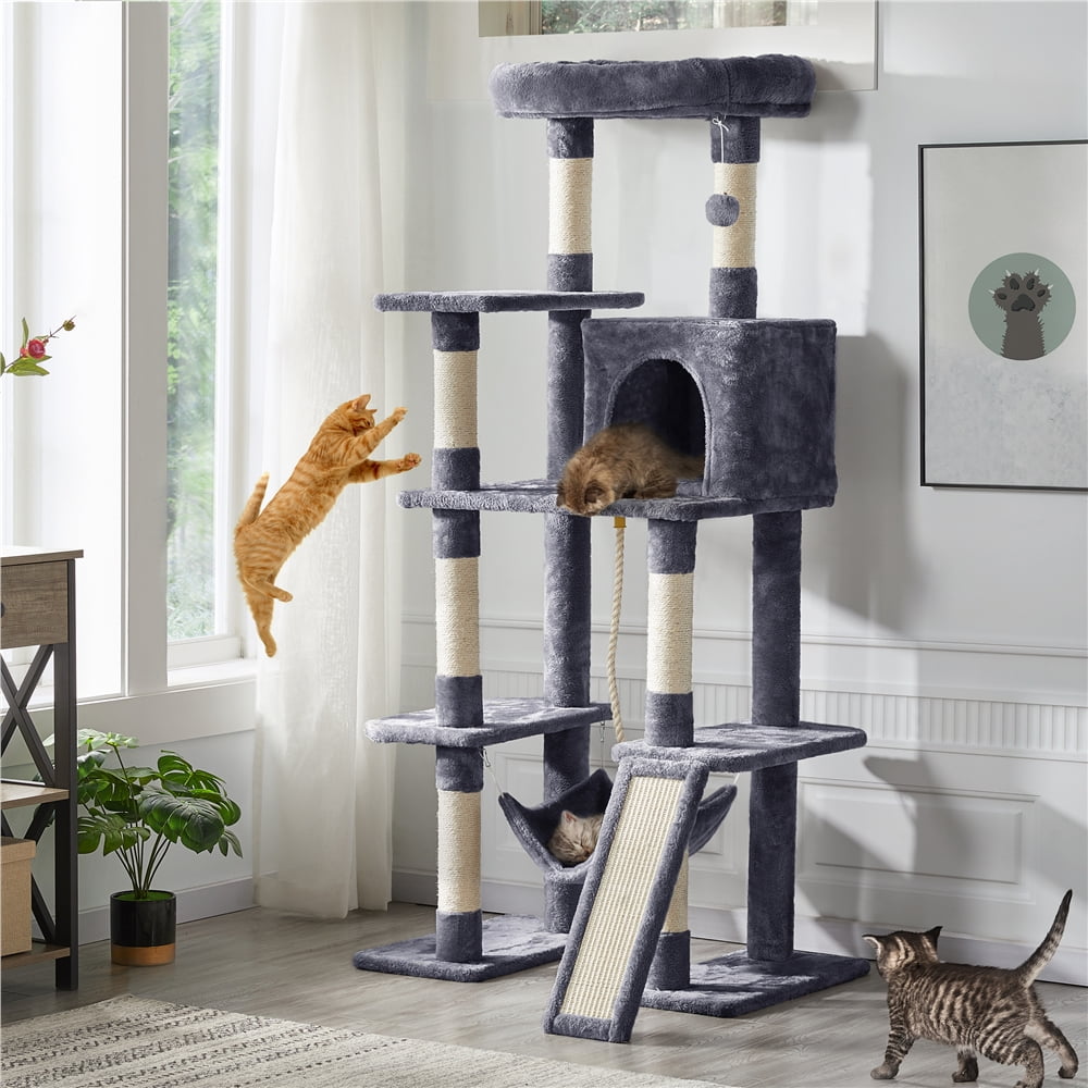 Alden Design 63" H Cat Tree Tower with Hammock and Scratching Posts, Dark Gray