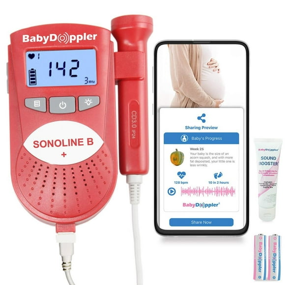 Sonoline B Fetal Doppler Plus Water Resistant Baby Heart Rate Monitor Red 3MHz Probe, Baby Heart Monitor, Backlight LCD, Gel by Baby Doppler