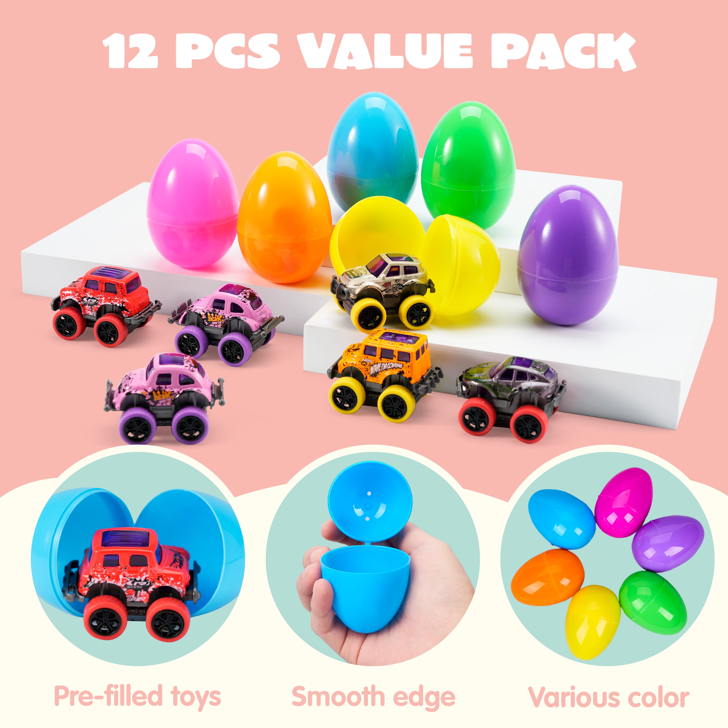 Joyfy 24 Pcs Easter Eggs Filled with Toys(12 Cars and 12 Eggs),Easter Egg Fillers Mini Toys Truck Basket for Toddlers Kids Boys,Easter Egg Hunt Supplies