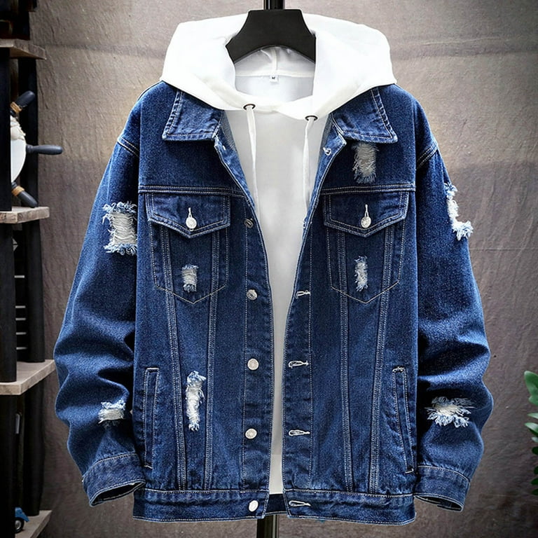 JUMESGU Men's Jean Jacket Ripped Distressed Denim Trucker