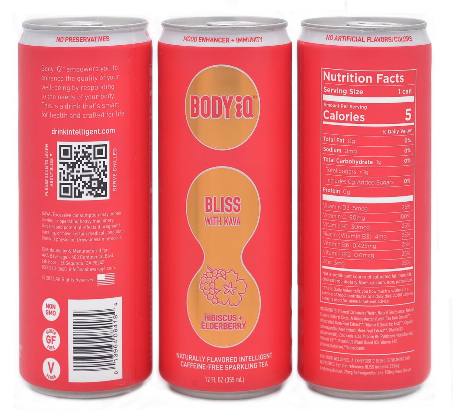 Pack of 12, Body Iq Bliss with Kava Hibiscus & Elderberry Sparkling Tea, 12 fl oz
