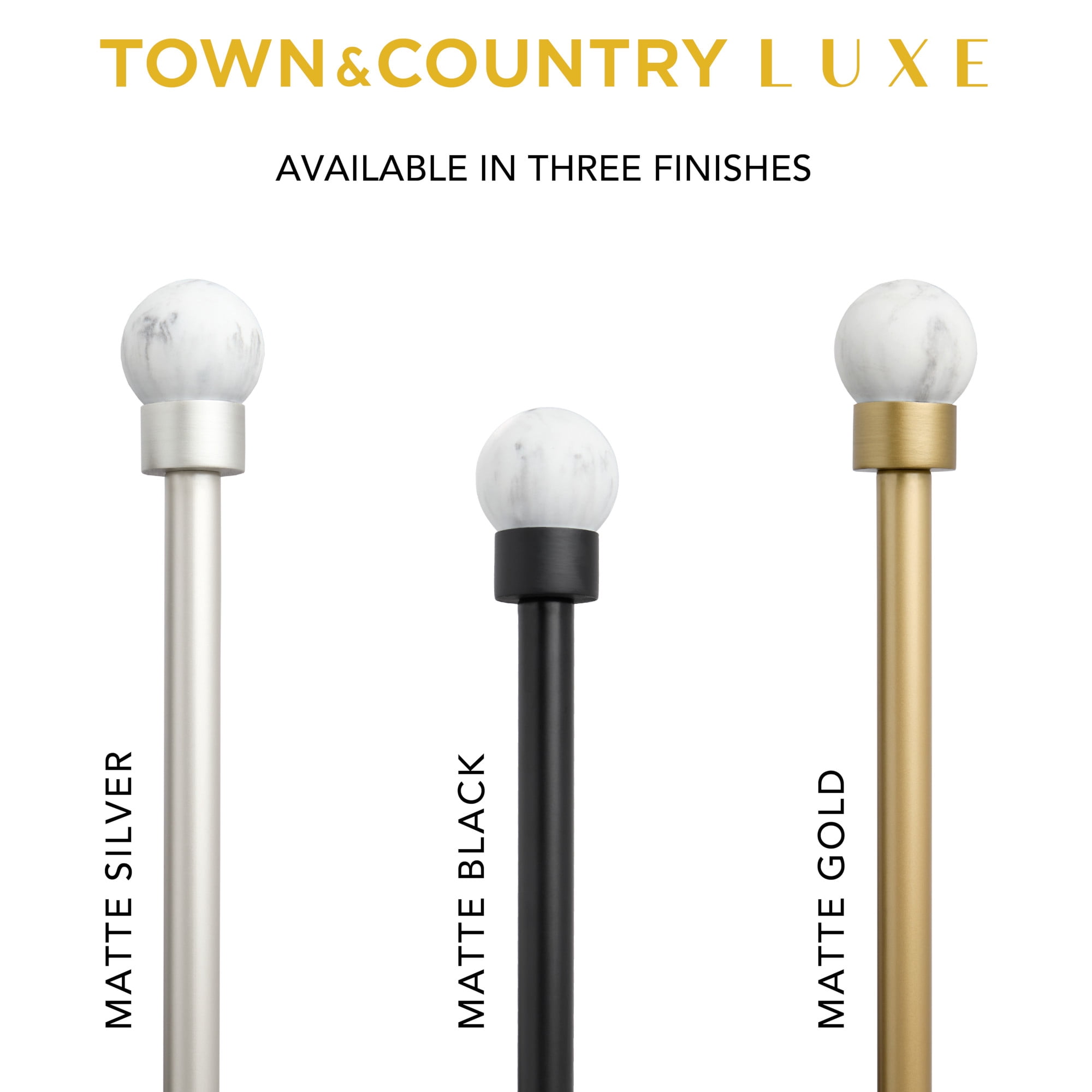 TOWN & COUNTRY LUXE Marbled Sphere Single Indoor Curtain Rod and Finial Set, Natural Marble Stone Look, Easy Install Wall Mount, Matte Black, Adjustable 66”-120”