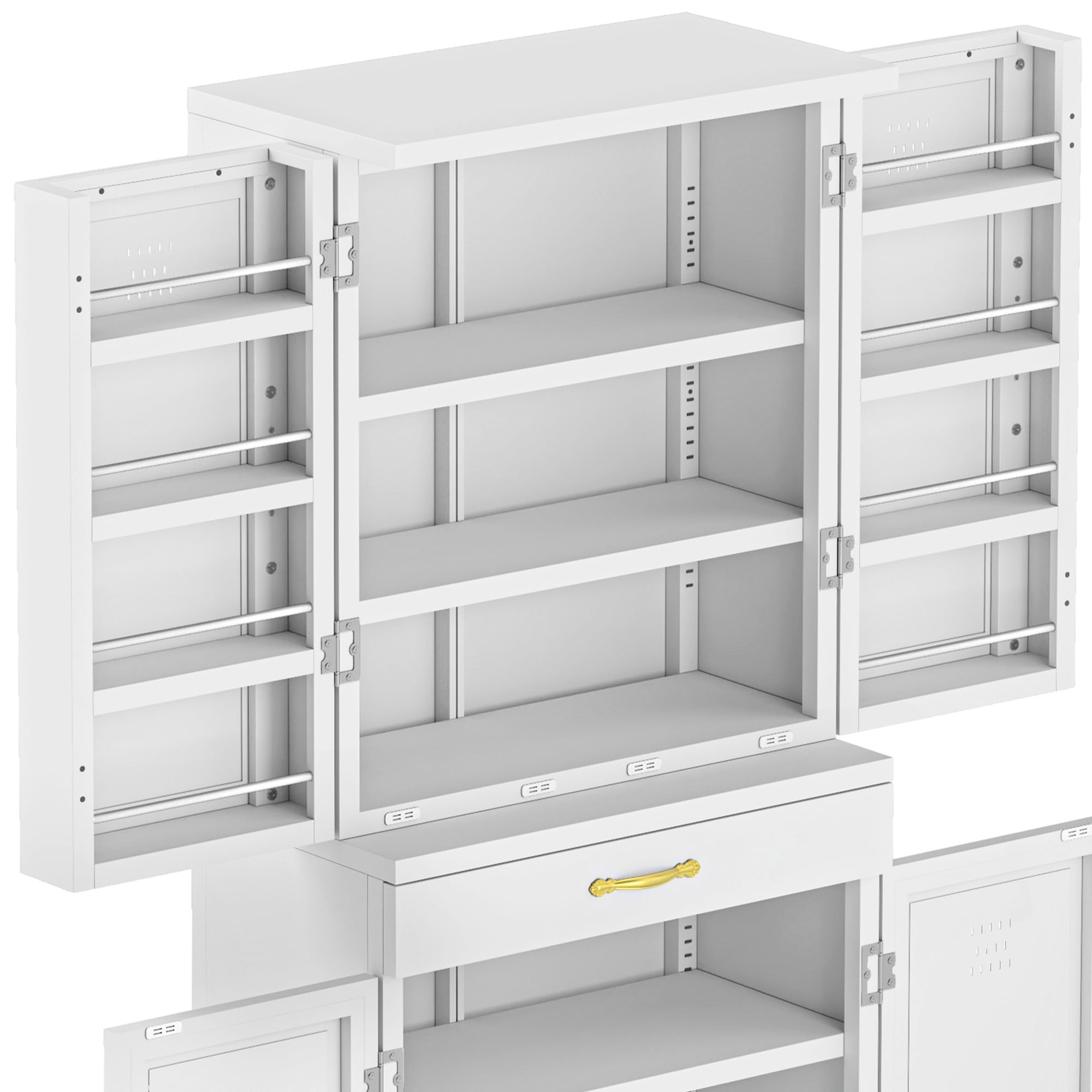 Uforic Pantry Storage Cabinet with Adjustable Shelves, Metal Kitchen Cabinet with Drawer, White