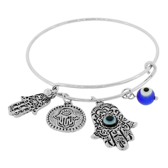 Fashion Alloy Silver-Tone Red Hamsa Evil Eye Adjustable Bangle Bracelet