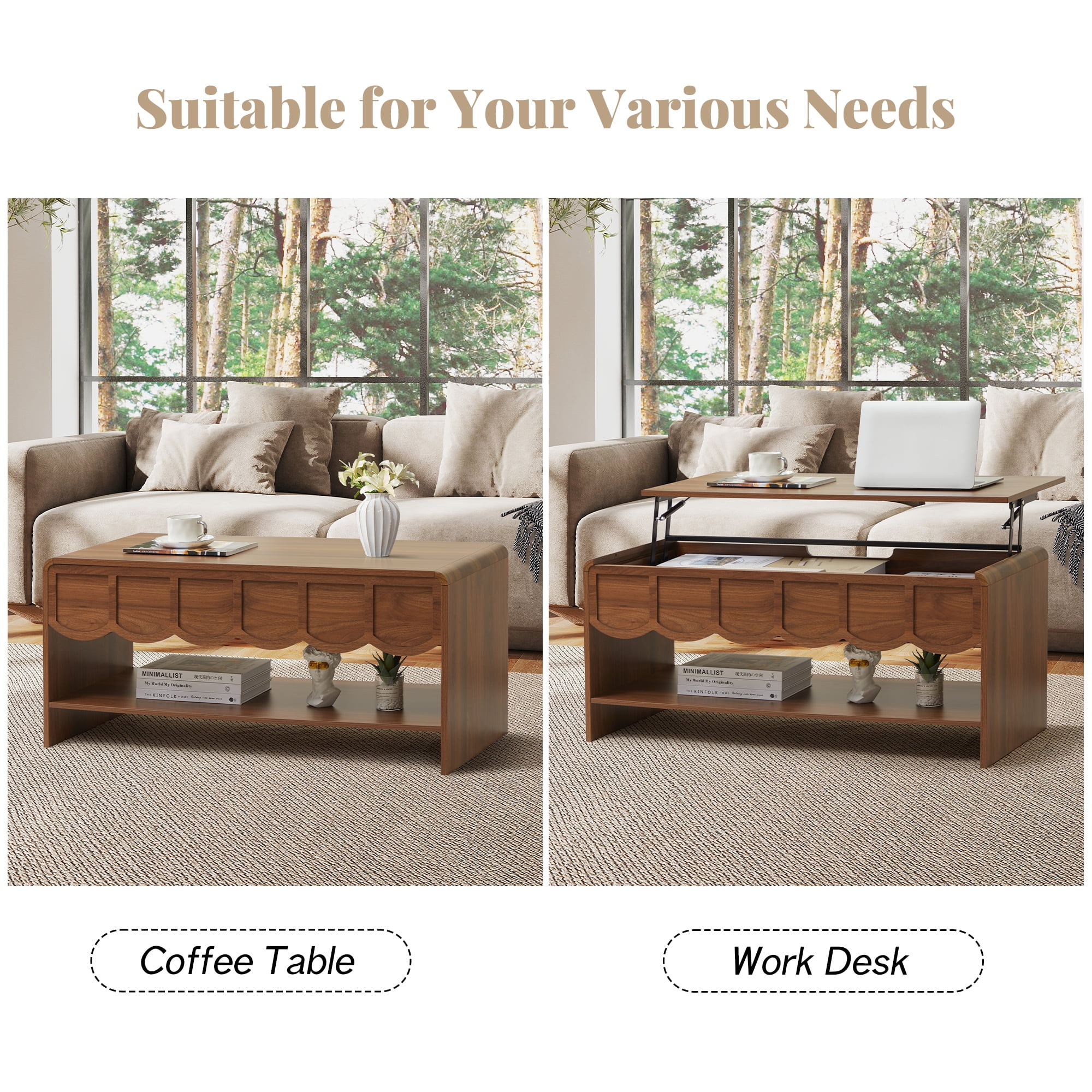 Wirrytor Lift Top Coffee Table with Storage for Living Room, Oval Coffee Table with Hidden Compartment and Open Shelf, Modern Center Table with Wave Edge Design and Hydraulic Lift